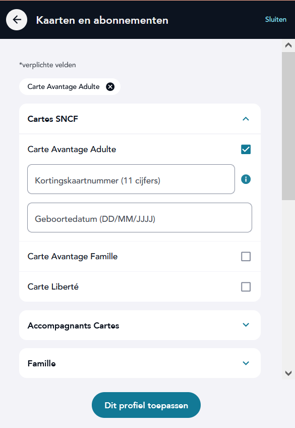 Screenshot Kaarten en abonnementen
