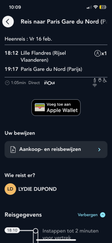 Scherm met de details van de reis, ter illustratie van de tab Uw bonnen van de SNCF Connect toepassing