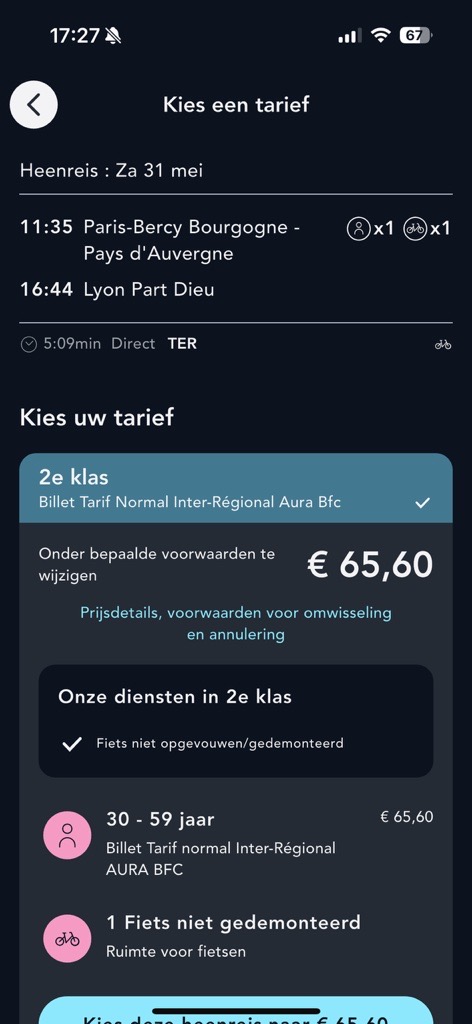 Visualisatie van de ticketkeuzepagina op de SNCF Connect-toepassing